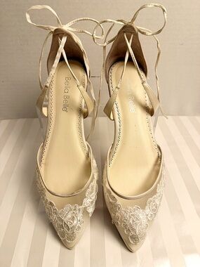 Bella Belle Alicia Ivory Lace Bridal Flats  Silk Mesh Wedding Shoes Size 8.5